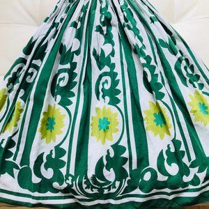 Baroque Print Green Cross Back Cotton A Line Swing Dress